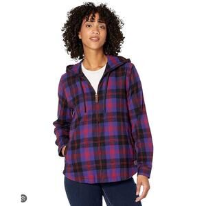 LL Bean Flannel Hoodie Shacket M | Angus Tartan Plaid Zip Jacket Cotton Purple
